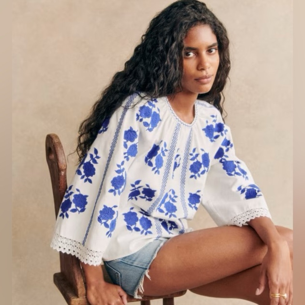 Sezane White Embroidered Rina Blouse